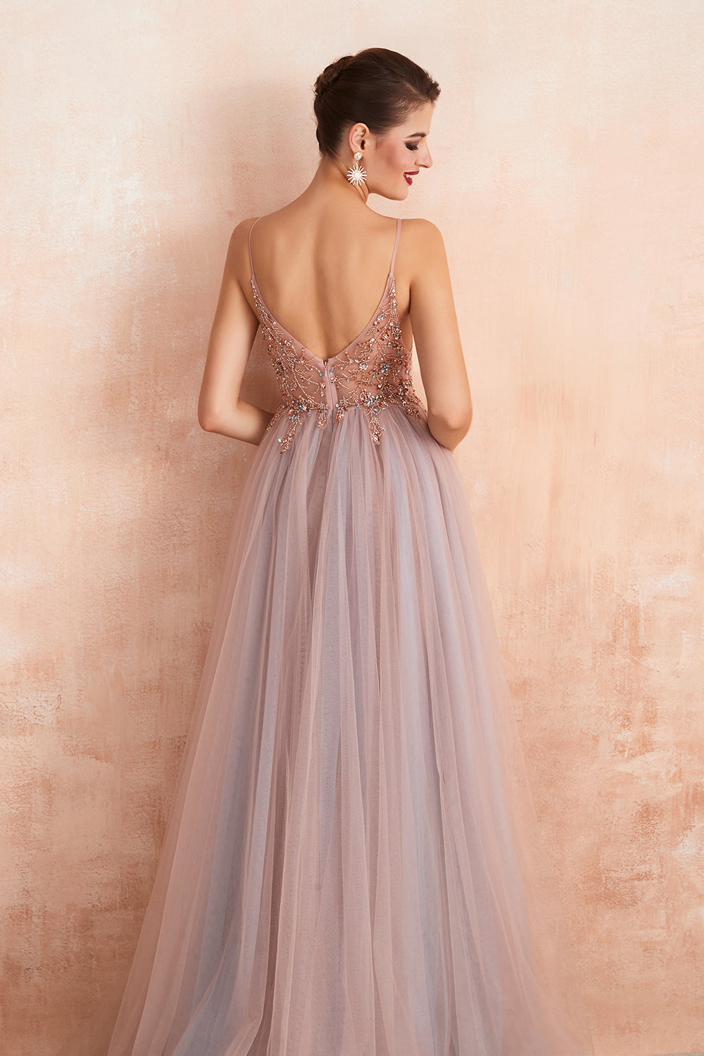 Long V-neck Tulle Beaded A-line Prom Dress with Slit