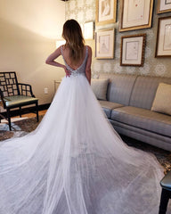 Vintage Long A-Line V-neck Tulle Open Back Wedding Dress