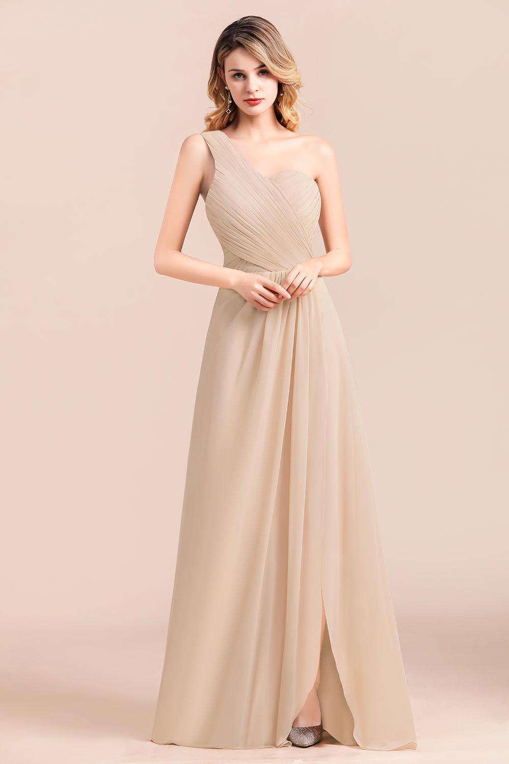 Simple One Shoulder Wedding Guest Dress A-Line Chiffon Bridesmaid Dress With Side Slit