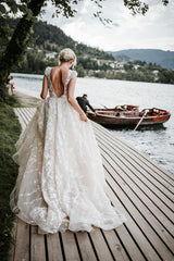 Modest Long A-line V-neck Tulle Lace Open Back Wedding Dress