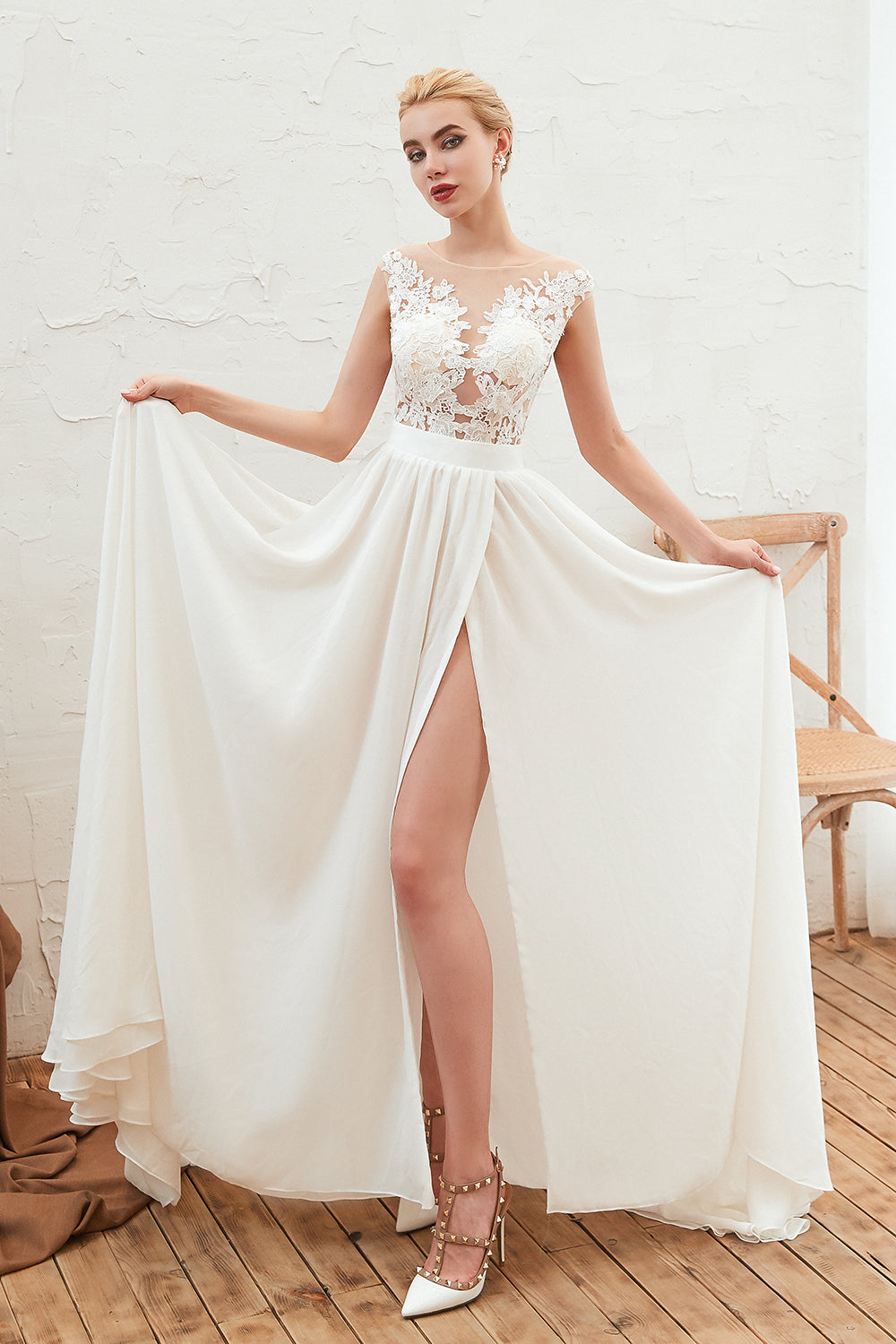 Long Tulle High Slit Appliques Lace Chiffon A-line Wedding Dress