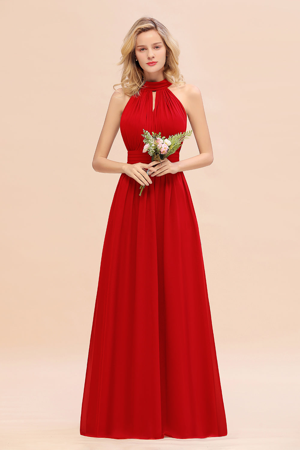 Dusty Sage Long High Neck Chiffon Bridesmaid Dresses with Ruffle