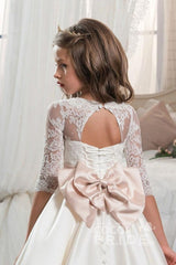 Ivory Scoop Neck Long Sleeves Ball Gown Flower Girls Dress