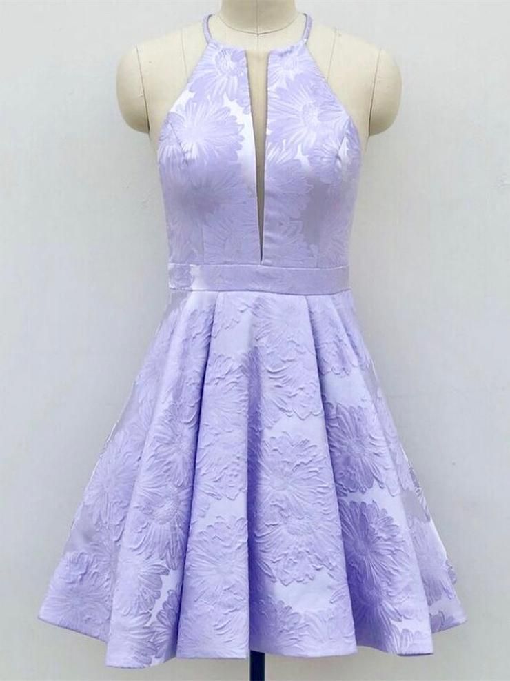 Short V-Neck A-Line Sleeveless Satin Lace Prom Dresses with Pockets