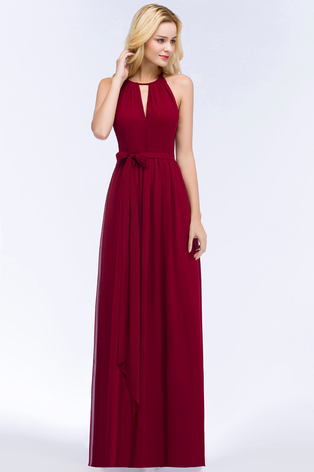 Vintage A-Line Chiffon Halter Sleeveless Ruffles Bridesmaid Dresses with Bow Sash