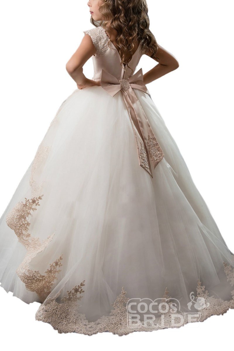 Long Tulle Scoop Neck Lace Ball Gown Flower Girl Dress