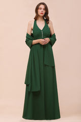 Elegant Halter Deep V-neck A-line Chiffon Bridesmaid Dress With Crystal Embellishment