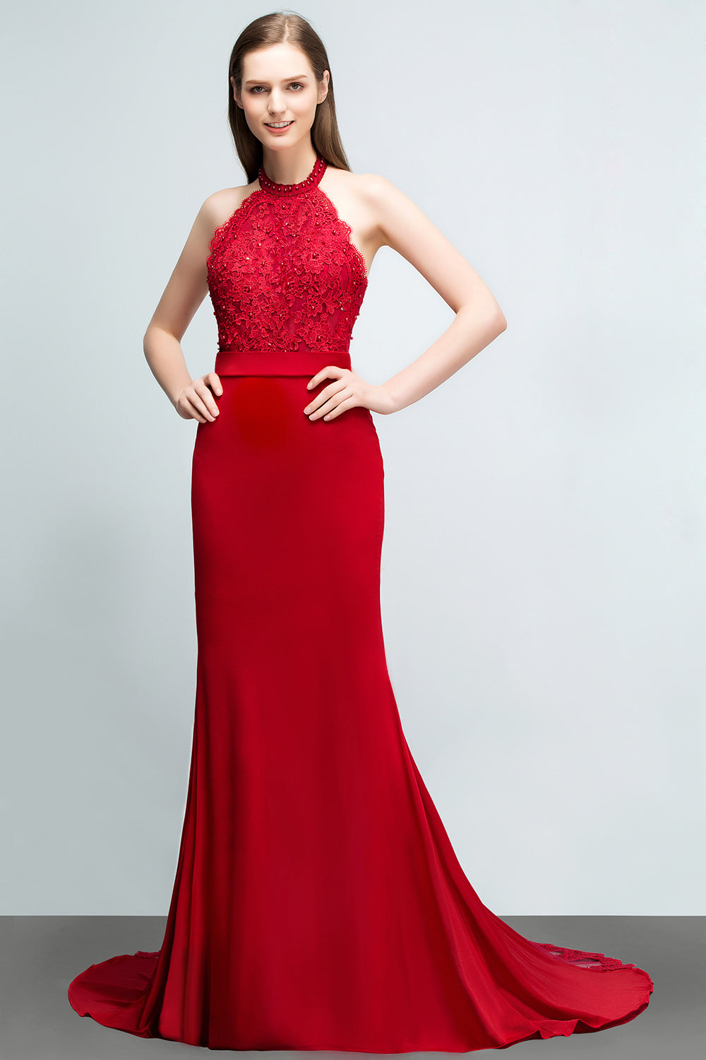 Long Halter Lace Satin Mermaid Red Evening Dress