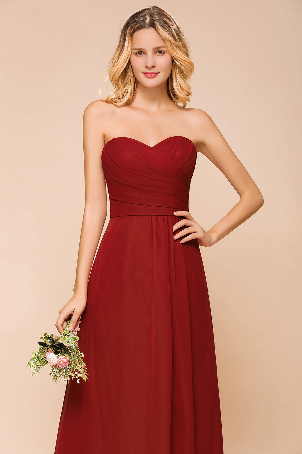 Simple A-Line Strapless Chiffon Backless Floor Length Bridesmaid Dress With Ruched