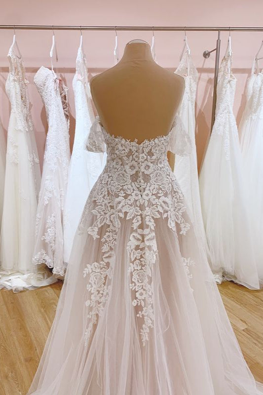 Vintage Long Off the Shoulder Sweetheart Backless Tulle Train A-Line Wedding Dress