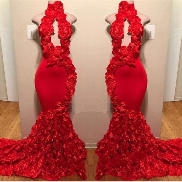 Sexy Long Flowers Halter Sleeveless Mermaid Prom Dresses