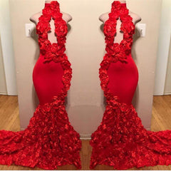 Sexy Long Flowers Halter Sleeveless Mermaid Prom Dresses