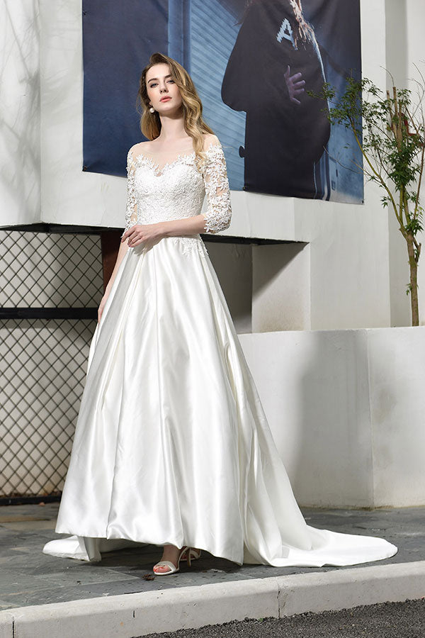 Elegant Long Lace-up A-Line Applique Satin Wedding Dress