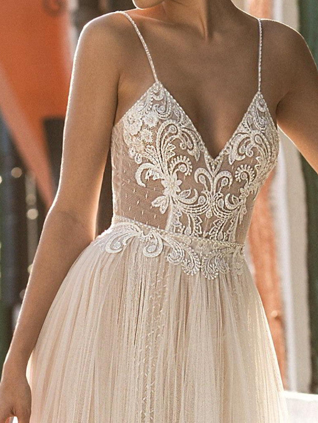 Long A-Line Spaghetti Strap Sleeveless Floor Length Wedding Dresses