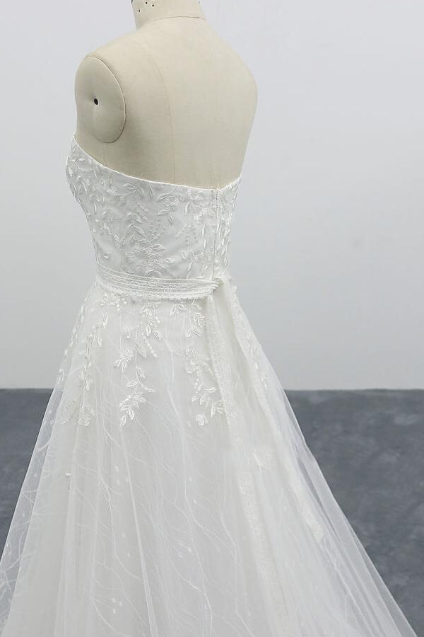 Strapless Long Tulle Chapel Train Lace A-line Wedding Dress