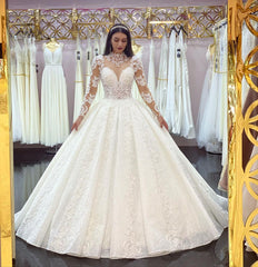Gorgeous Long A-line High Neck Lace Appliques Wedding Dresses with Sleeves