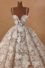 Flower Spaghetti Straps A Line Tulle Appliques Lace Long Wedding Dress