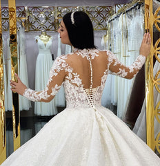 Gorgeous Long A-line High Neck Lace Appliques Wedding Dresses with Sleeves