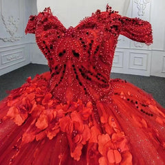 Gorgeous Red Long Ball Gown Off the Shoulder Tulle Lace Wedding Dresses
