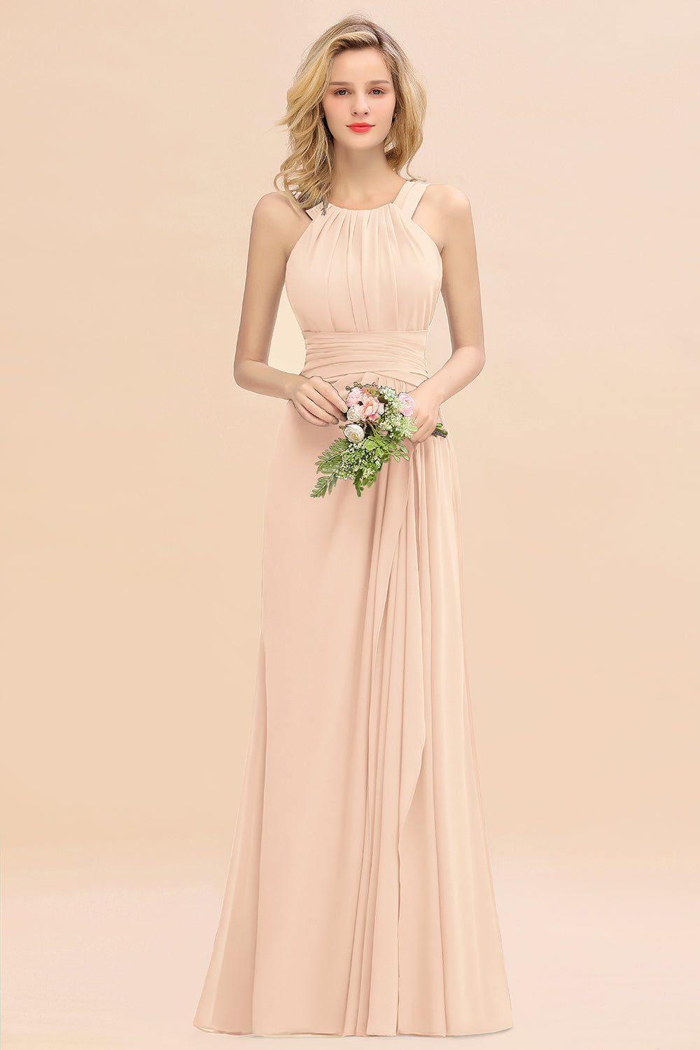 Long A-line Halter Chiffon Backless Floor Length Bridesmaid Dresses