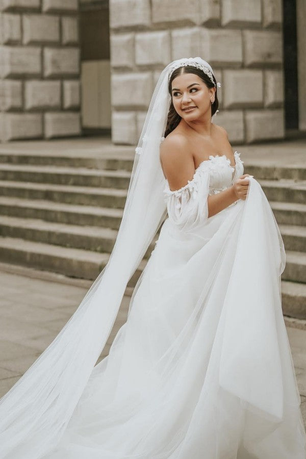 Boho Plus Size Long A-line Off the Shoulder Tulle Lace Wedding Dresses