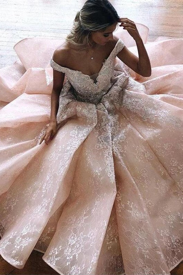 Classy Long Sweetheart Off the Shoulder A-Line Ruffles Church Wedding Dress With Appliques Lace