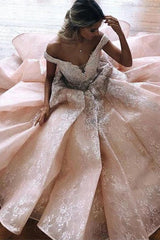 Classy Long Sweetheart Off the Shoulder A-Line Ruffles Church Wedding Dress With Appliques Lace