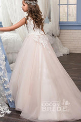 Long Tulle Lace Scoop Neck Sleeveless Ball Gown Flower Girl Dress