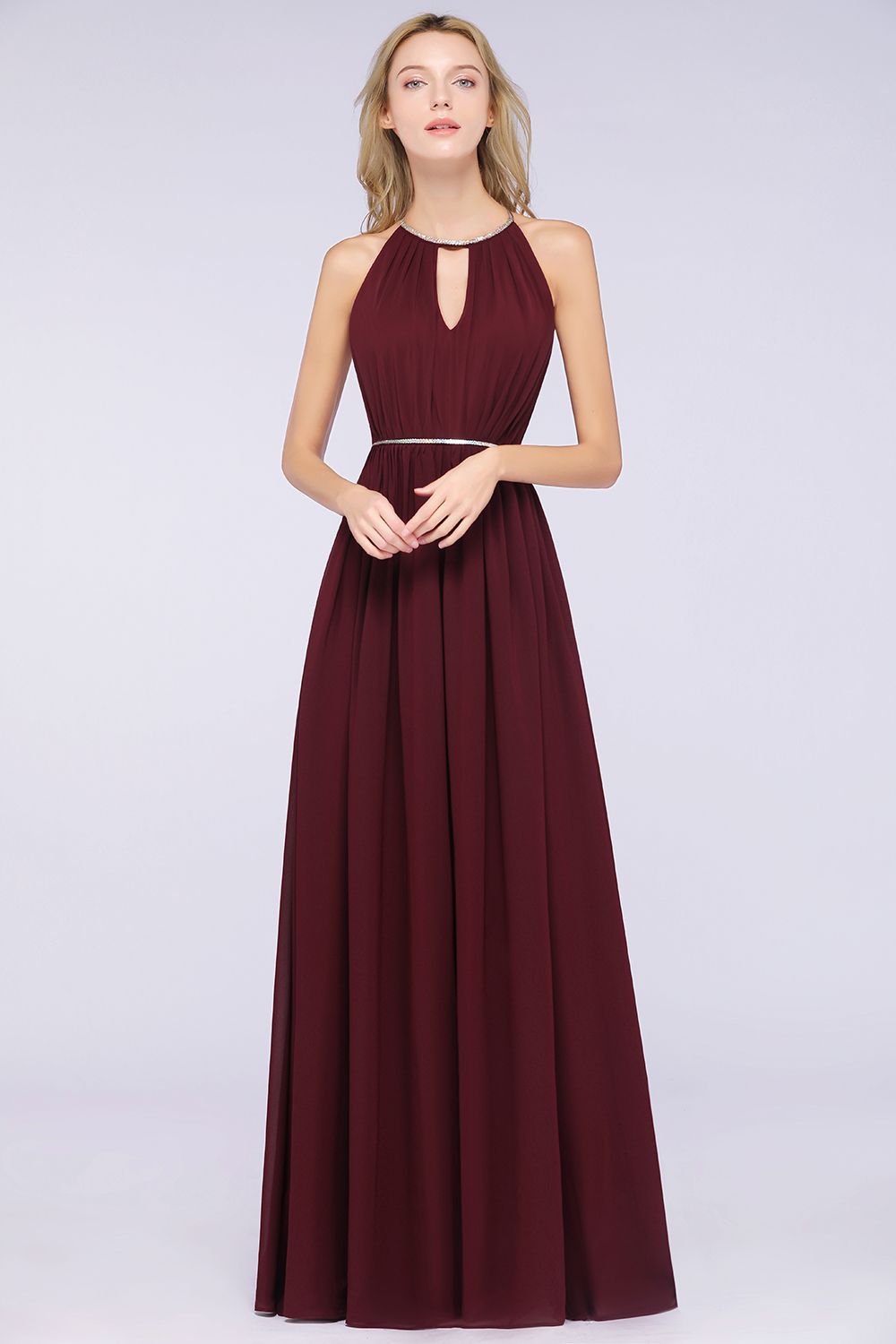 A-line Chiffon Halter Sleeveless Floor Length Bridesmaid Dress with Beading Sash
