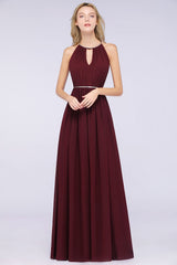 A-line Chiffon Halter Sleeveless Floor Length Bridesmaid Dress with Beading Sash