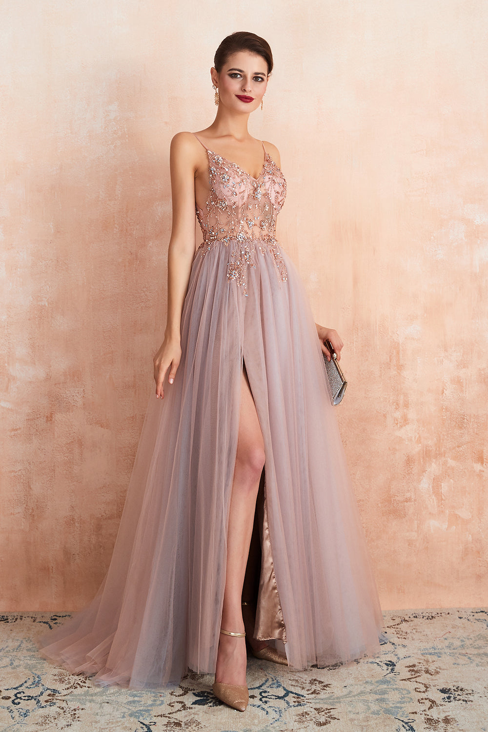 Long V-neck Tulle Beaded A-line Prom Dress with Slit