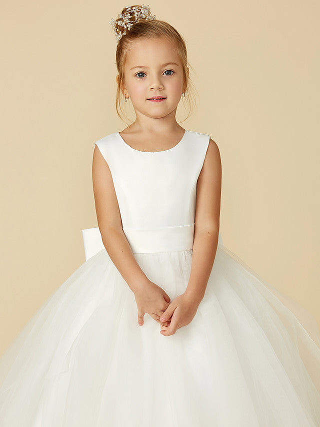 Long A-line Tulle Sleeveless Jewel Neck Satin First Communion Flower Girl Dresses