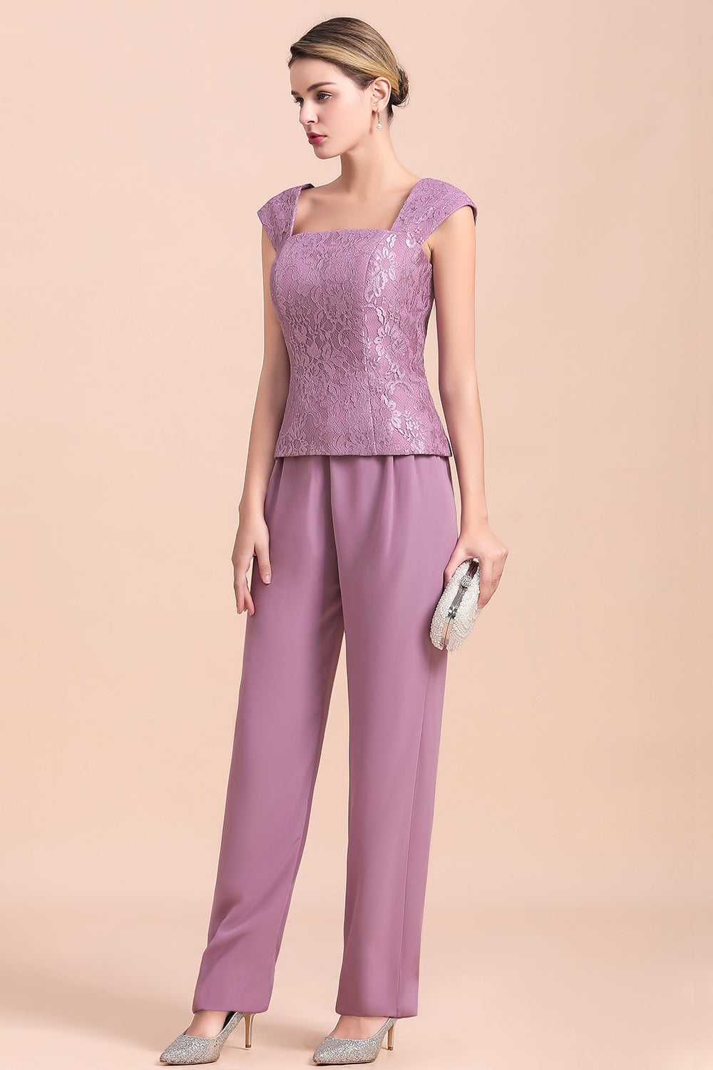 Elegant Lace Cap Sleeves Chiffon Mother of Bride Jumpsuit With Wrap