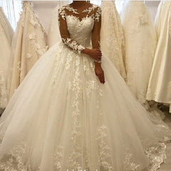 Elegant A-Line Bateau Long Sleeve Appliques Lace Ruffles Tulle Wedding Dress