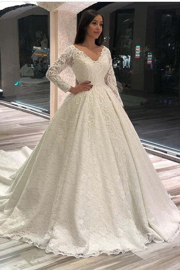 Vintage A-line Deep V-neck Long Sleeve Appliques Lace Floor Length Wedding Dress
