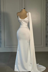 Long Satin White Mermaid Strapless Prom Dress with Cape