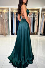 Simple Long A-line V-neck Backless Satin Prom Dresses with Slit