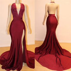 Sexy Long Mermaid V-neck Backless Open Back Burgundy Prom Dresses with Slit