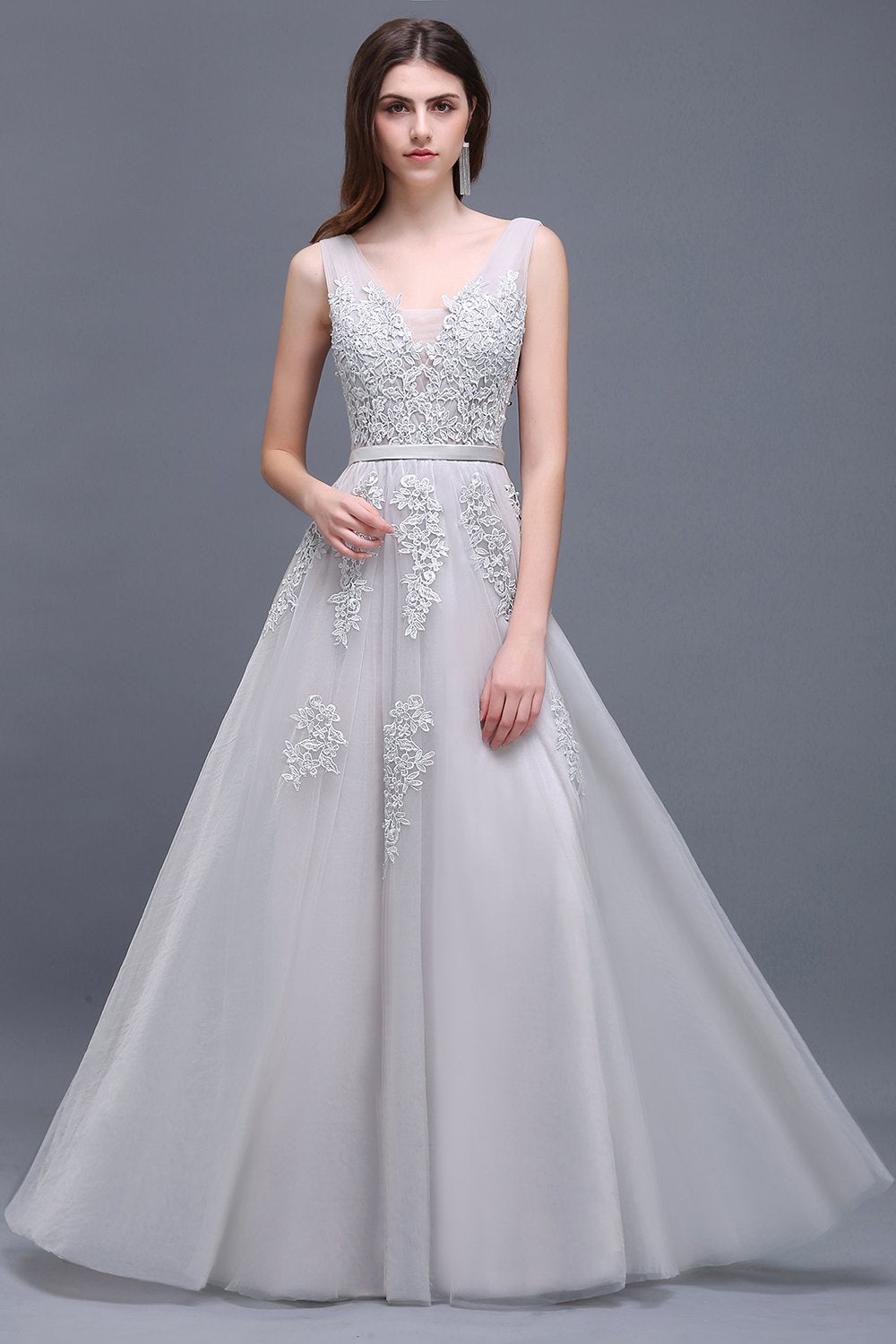 Fabulous Long V-neck Tulle Lace A-line Evening Dress