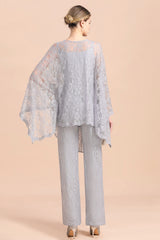 V-Neck Straps Appliques Silver Lace Wraps Mother of Bride Jumpsuit