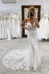 Elegant Long V-neck Floor Length Chapel Train Mermaid Wedding Dress