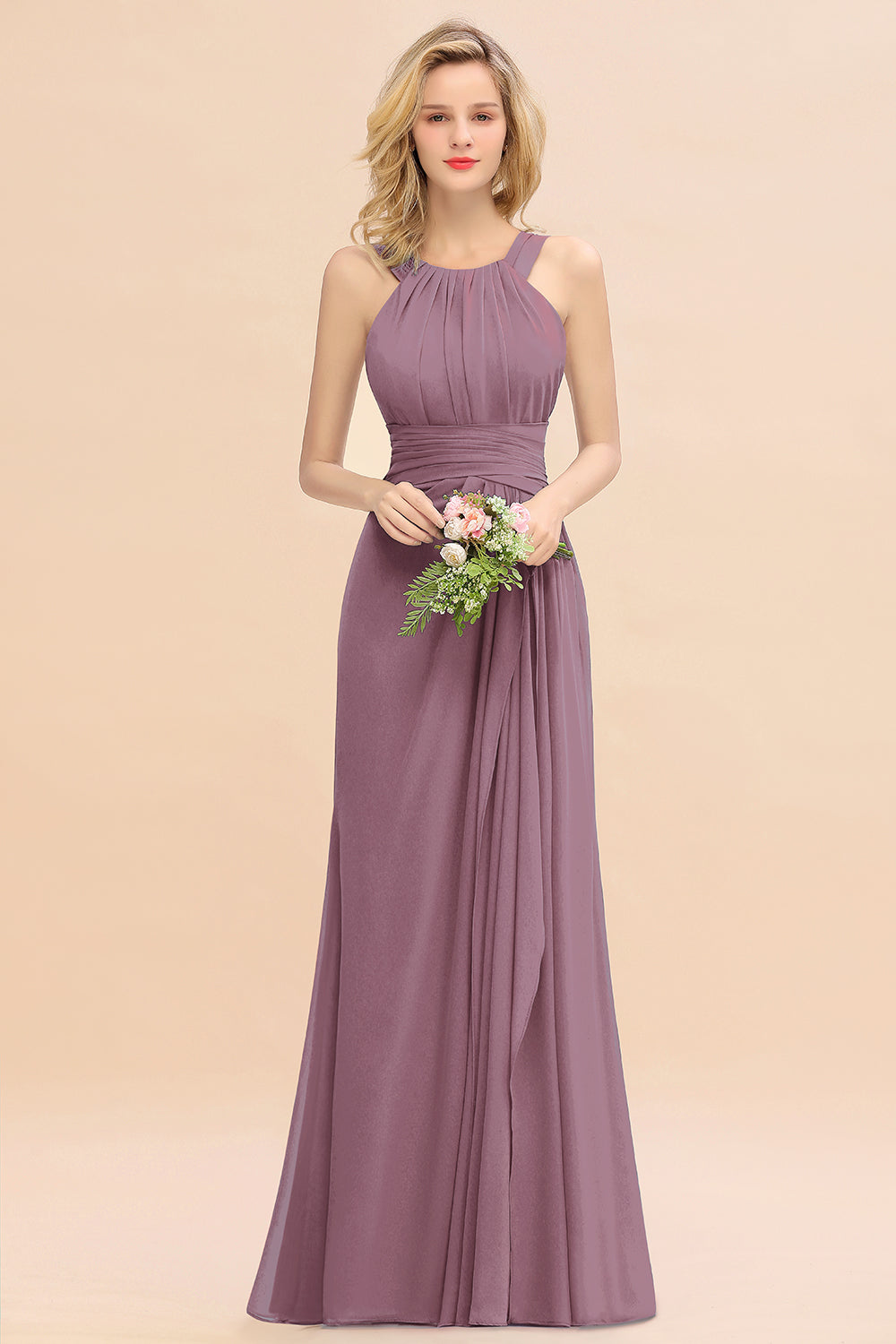 Long A-line Halter Chiffon Backless Floor Length Bridesmaid Dresses