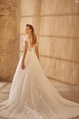 Elegant A-line V-neck Lace Tulle Open Back Long Wedding Dresses with Appliques