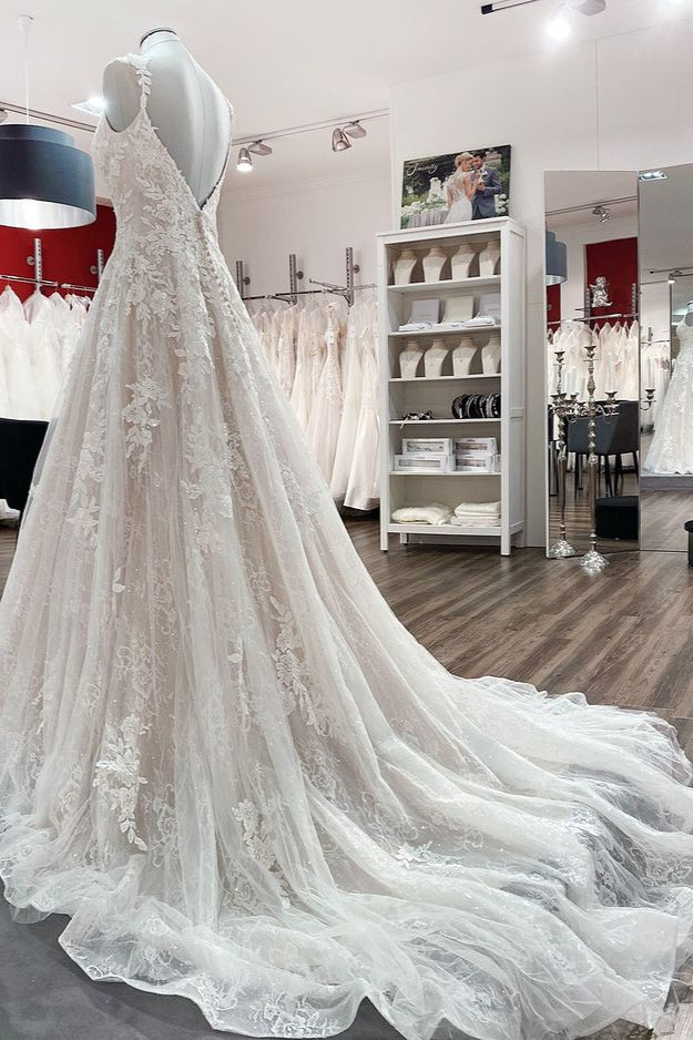 Beautiful Long A-line Tulle Lace V Neck Ruffles Open Back Wedding Dresses