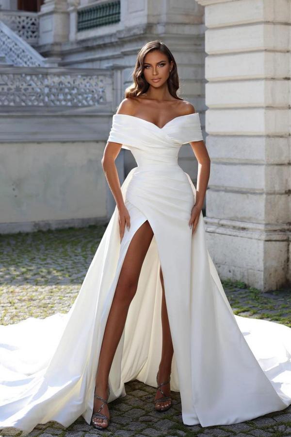 Simple A-Line Off the Shoulder Satin Long High Split Wedding Dress with Train