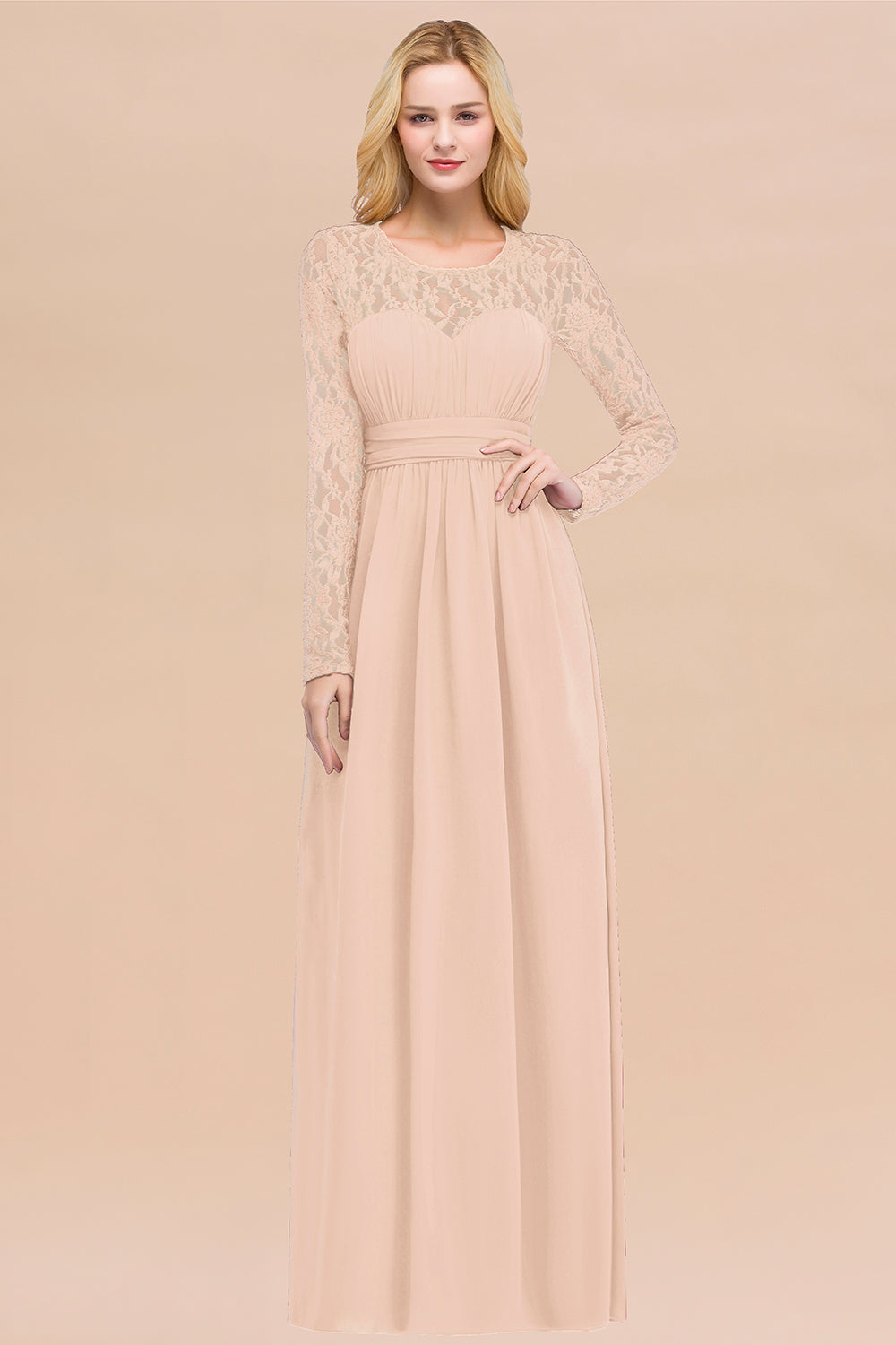 Elegant A-Line Chiffon Jewel Long Sleeves Ruffles Floor Length Bridesmaid Dresses