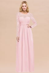 Elegant A-Line Chiffon Jewel Long Sleeves Ruffles Floor Length Bridesmaid Dresses