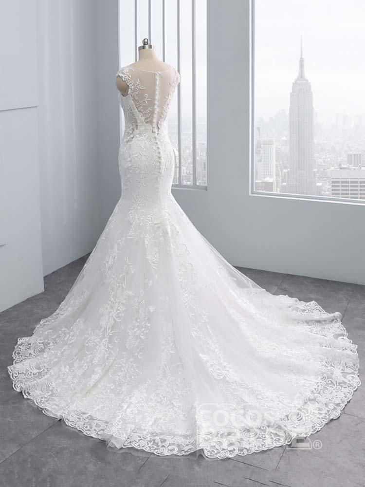 Elegant Long V-Neck Lace Tulle Mermaid Wedding Dresses