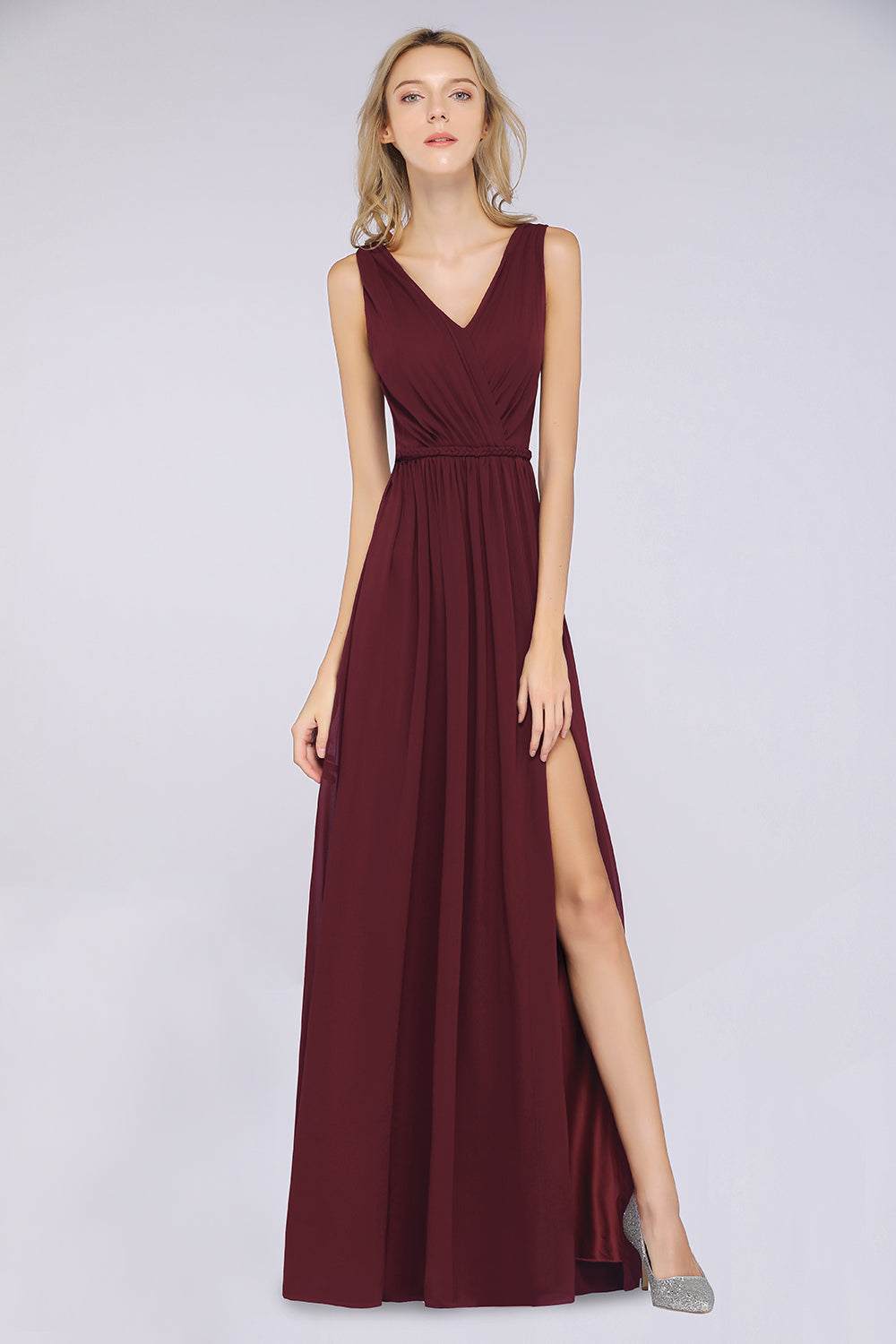 Classy Long Wide Straps V-neck A-Line Chiffon Ruffles Bridesmaid Dress With Side Slit