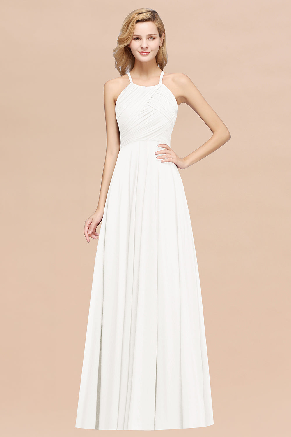 A-Line Chiffon Halter Ruffles Floor Length Bridesmaid Dress